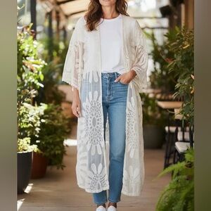 Womens Sheer White Embroidered Duster Kimono Floral Boho Ethereal Festival Fairy